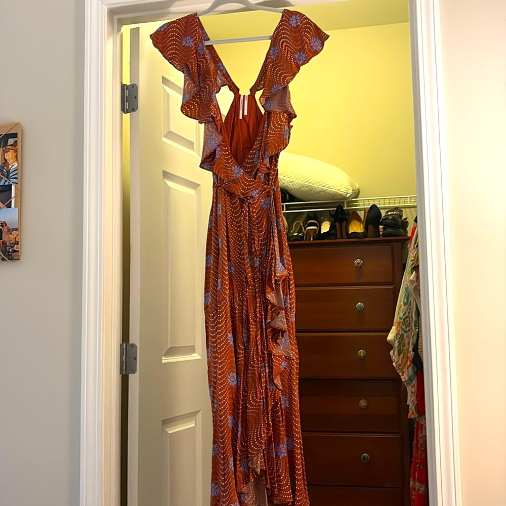 Anthropologie wrap dress size medium bronze with cream and periwinkle